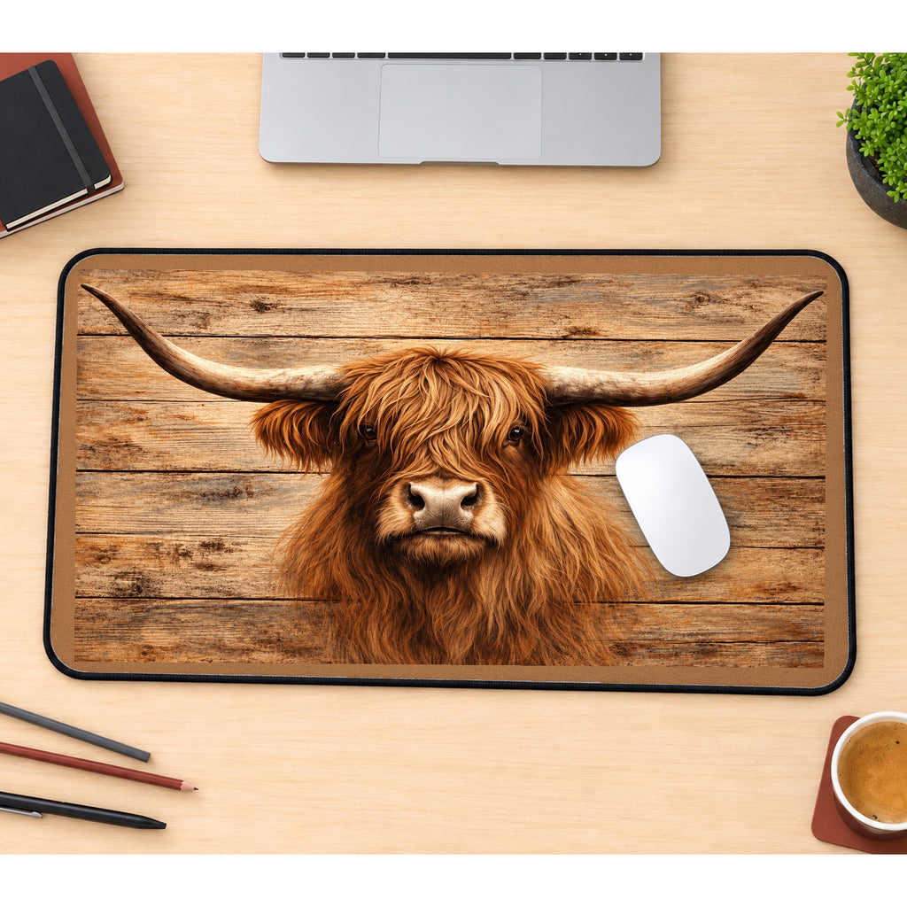 Highland Cow on Rustic Planks desk mat — product mockup 1