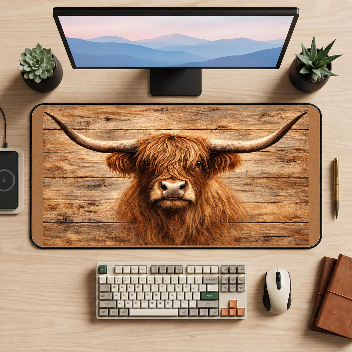 Highland Cow on Rustic Planks desk mat — product mockup 2