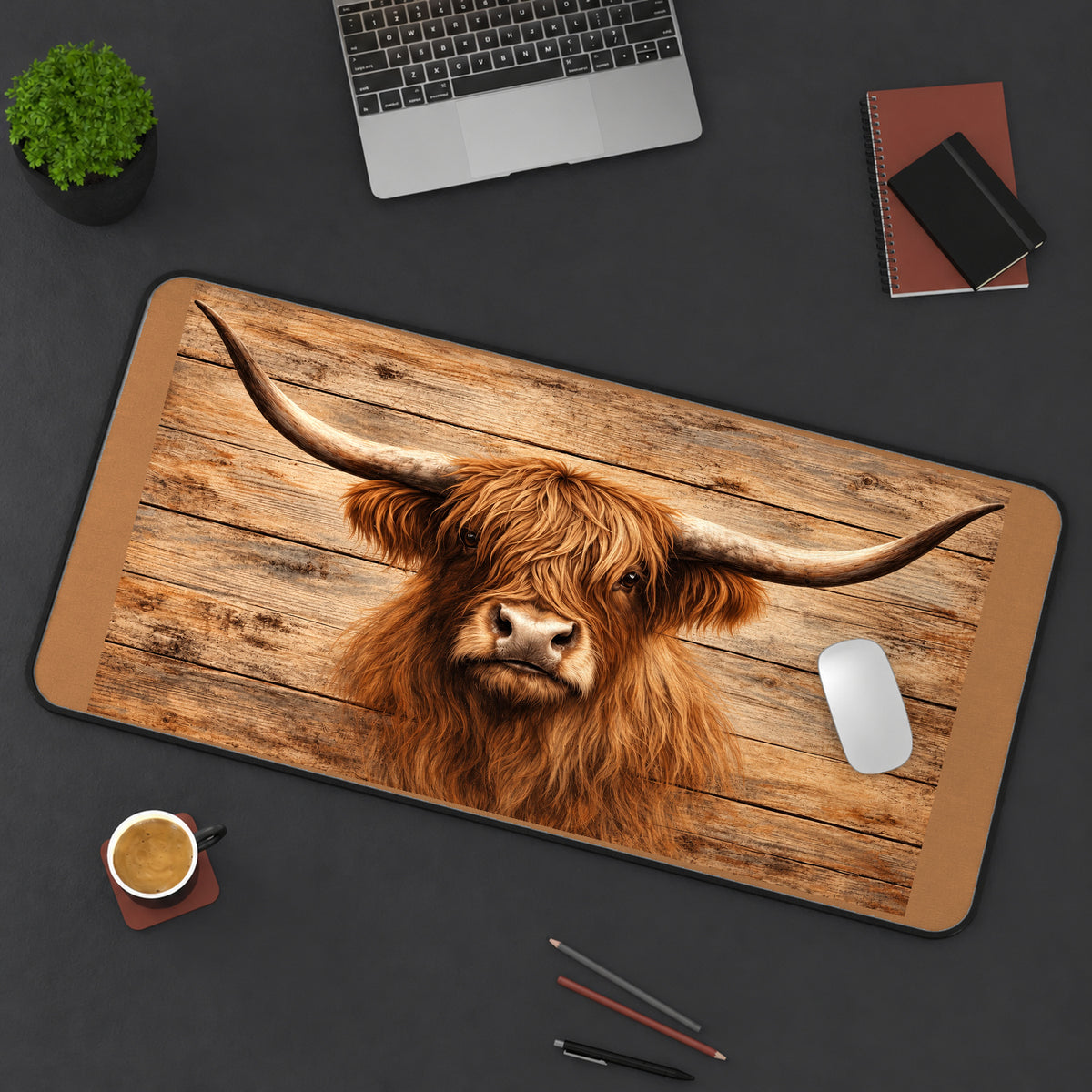 Highland Cow on Rustic Planks desk mat — product mockup 3