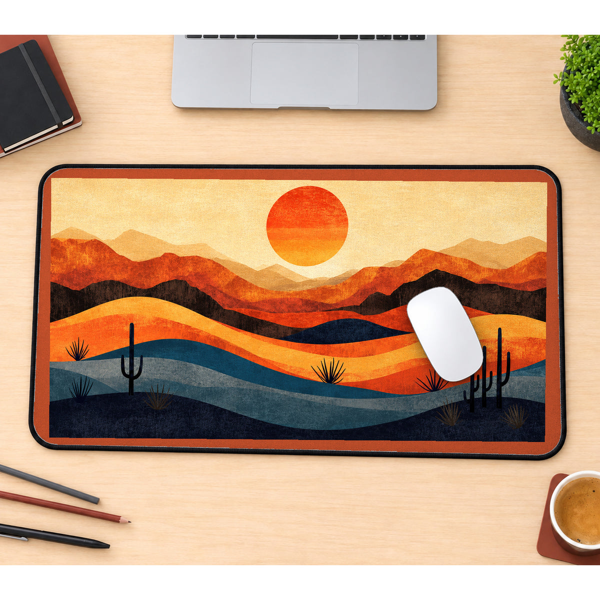 Layered Desert and Round Sun desk mat — product mockup 1