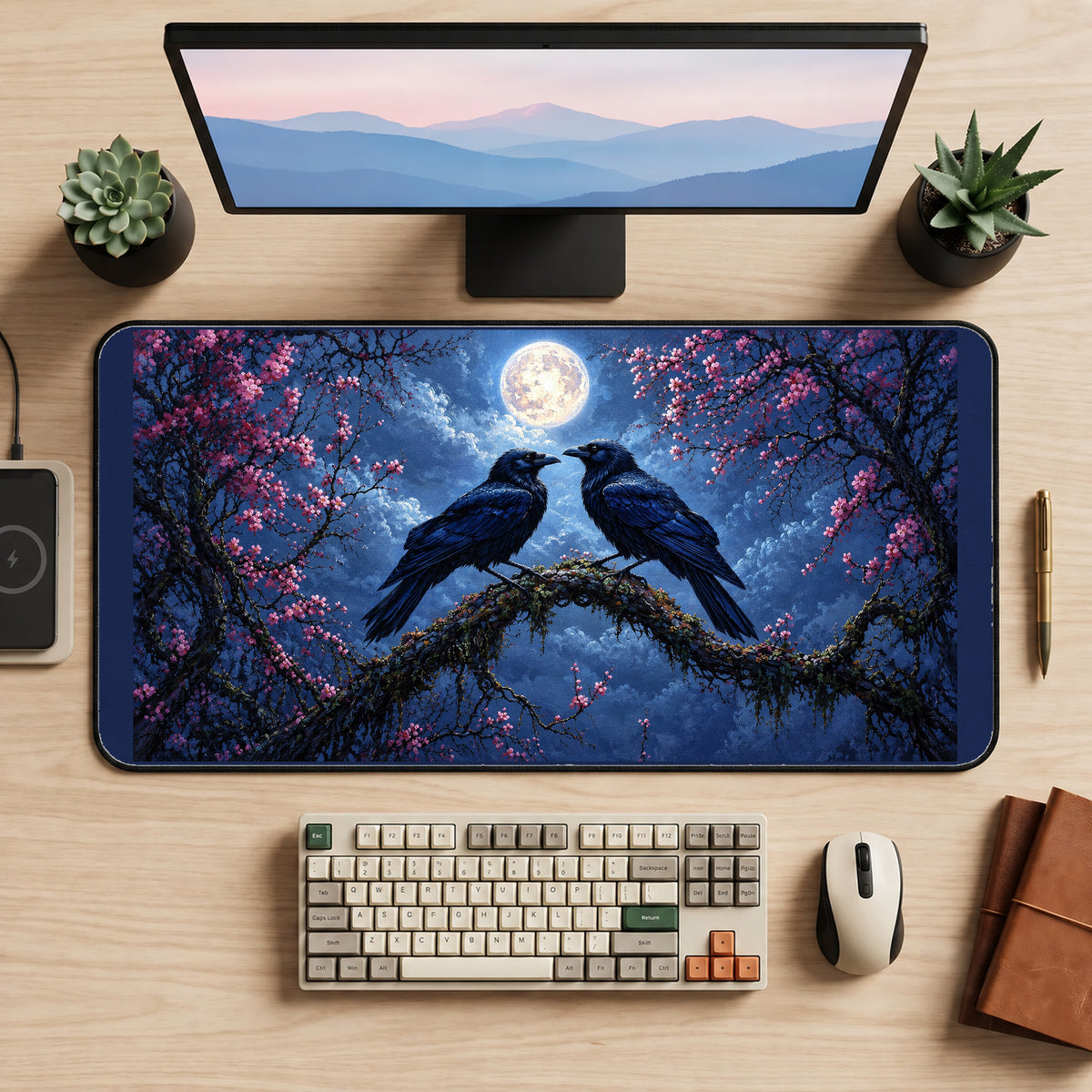 Two Ravens beneath a Full Moon desk mat — product mockup 2