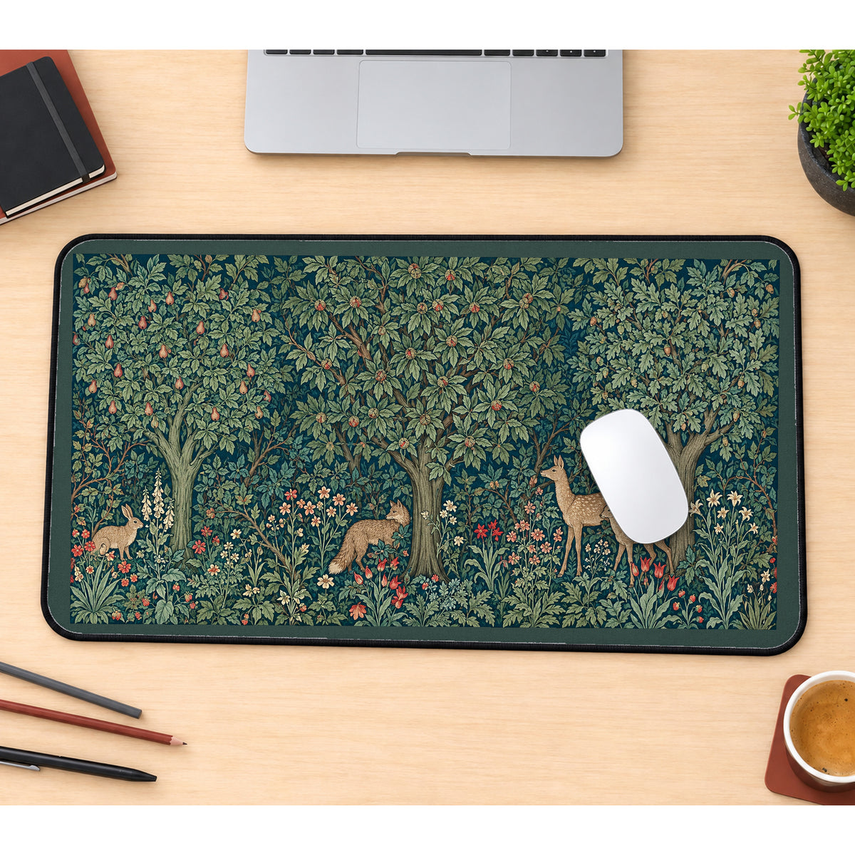 Deer in an Ornate Green Forest desk mat — product mockup 1