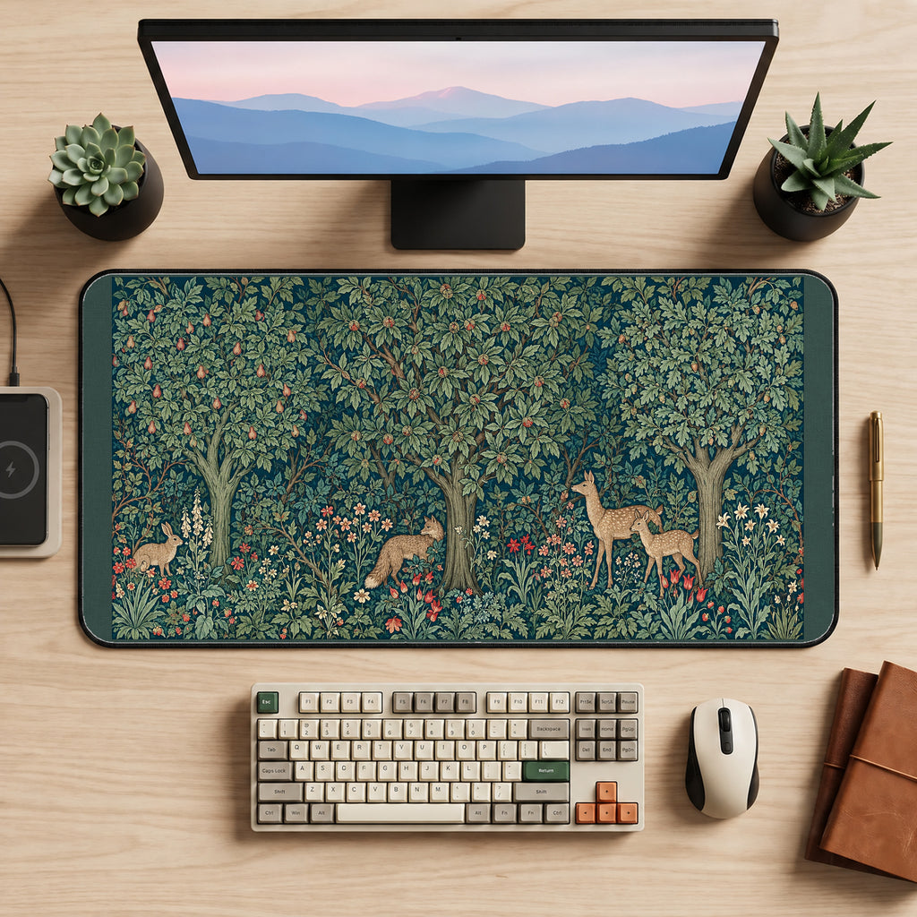 Deer in an Ornate Green Forest desk mat — product mockup 2