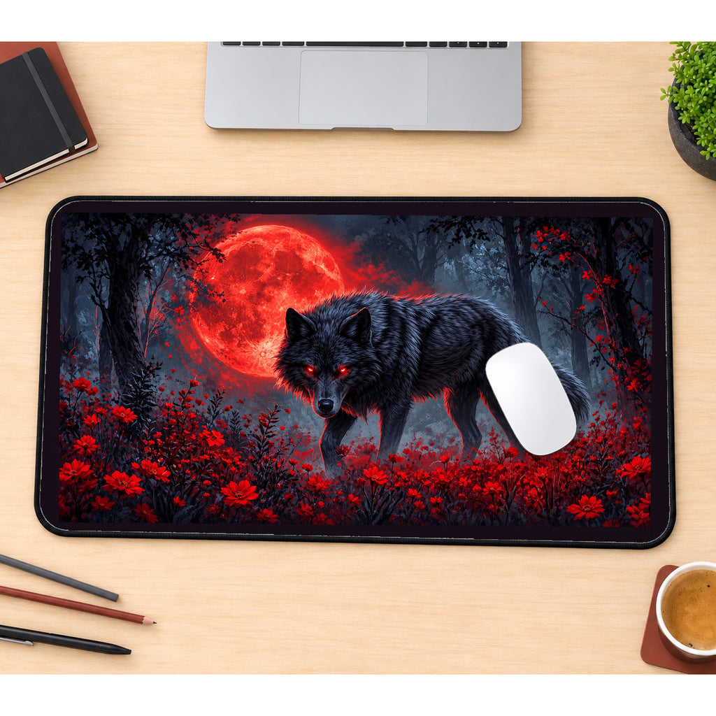 Black Wolf beneath a Blood Moon desk mat — product mockup 1