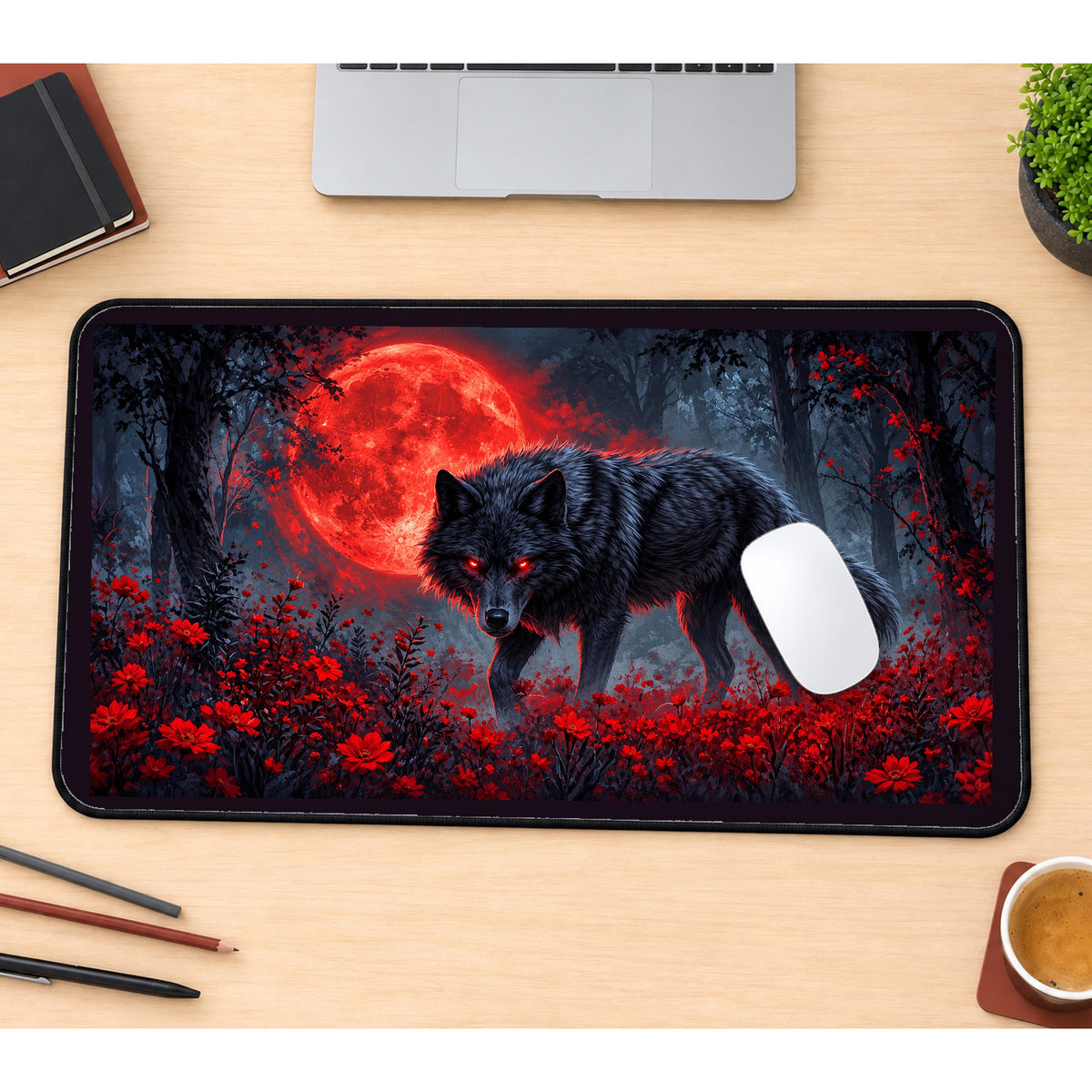 Black Wolf beneath a Blood Moon desk mat — product mockup 1