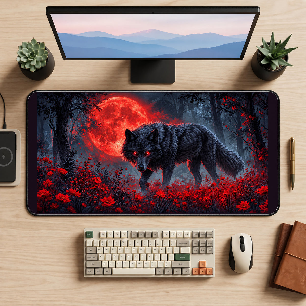 Black Wolf beneath a Blood Moon desk mat — product mockup 2