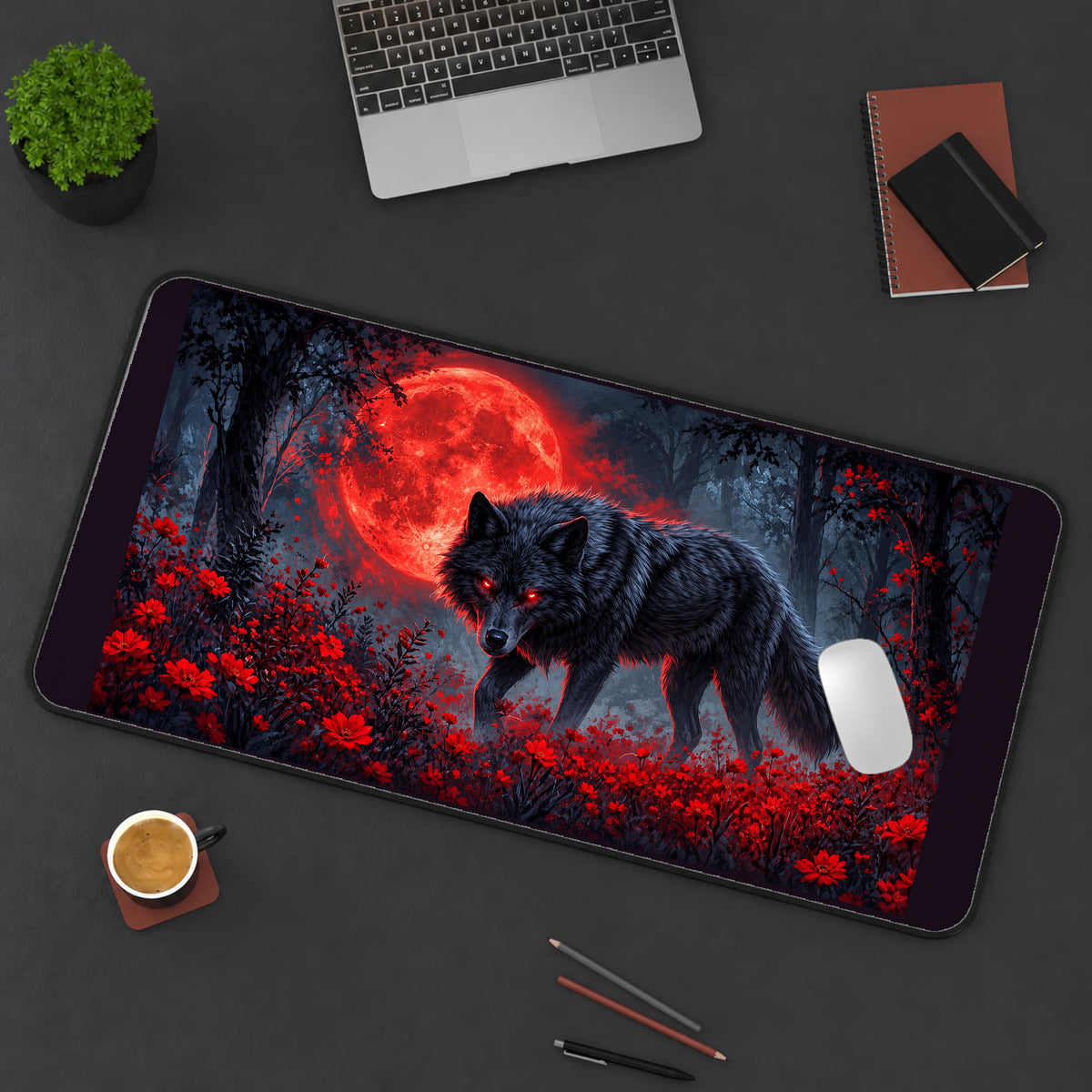 Black Wolf beneath a Blood Moon desk mat — product mockup 3