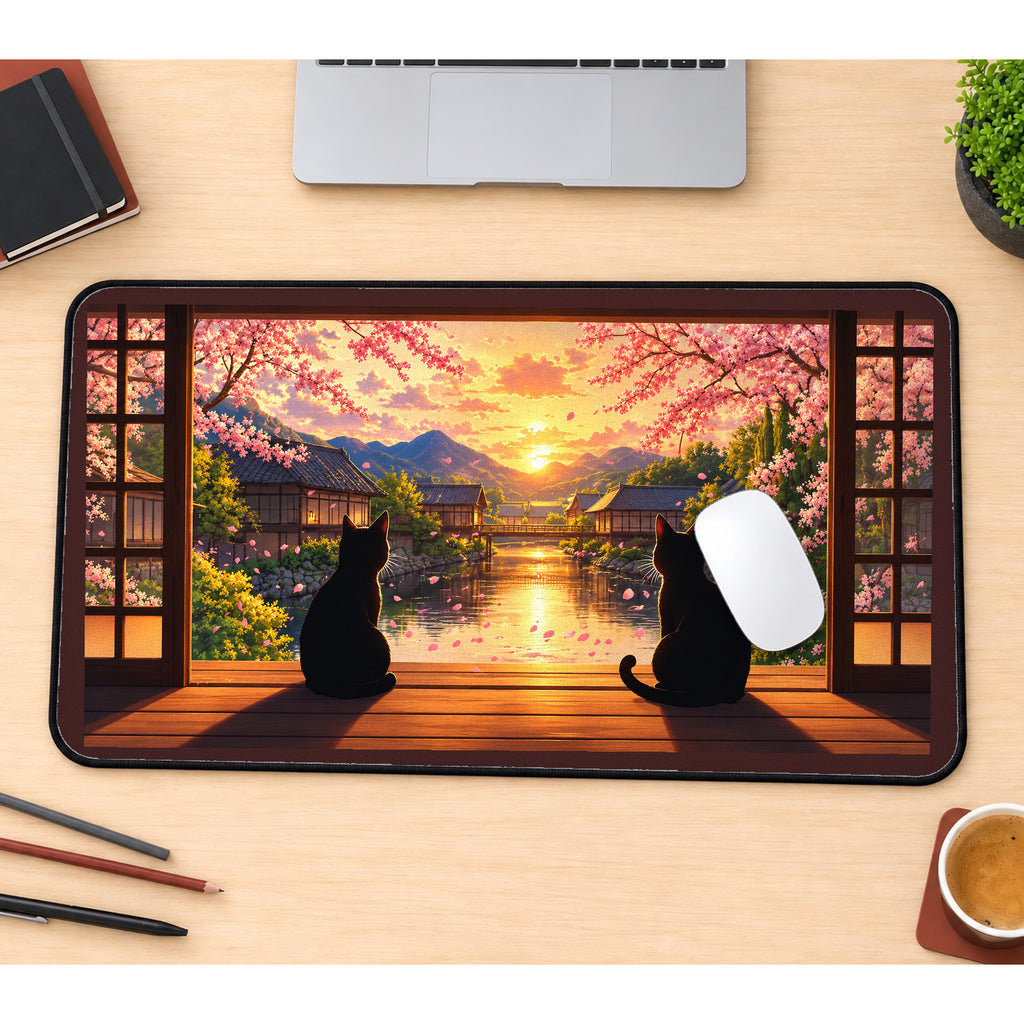 Two Cats Watching a Sakura Sunset desk mat — product mockup 1