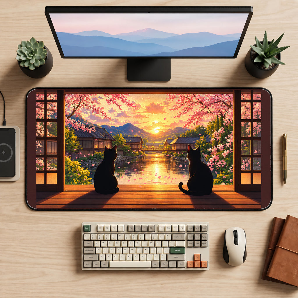 Two Cats Watching a Sakura Sunset desk mat — product mockup 2