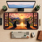 Two Cats Watching a Sakura Sunset desk mat — product mockup 2