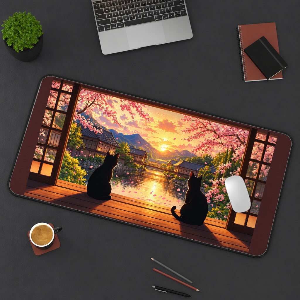 Two Cats Watching a Sakura Sunset desk mat — product mockup 3