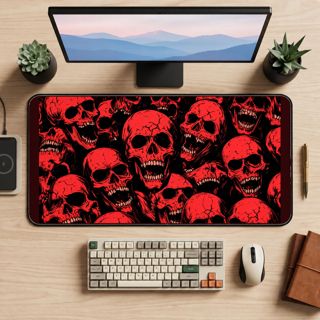 Red Skulls on Black desk mat — product mockup 2