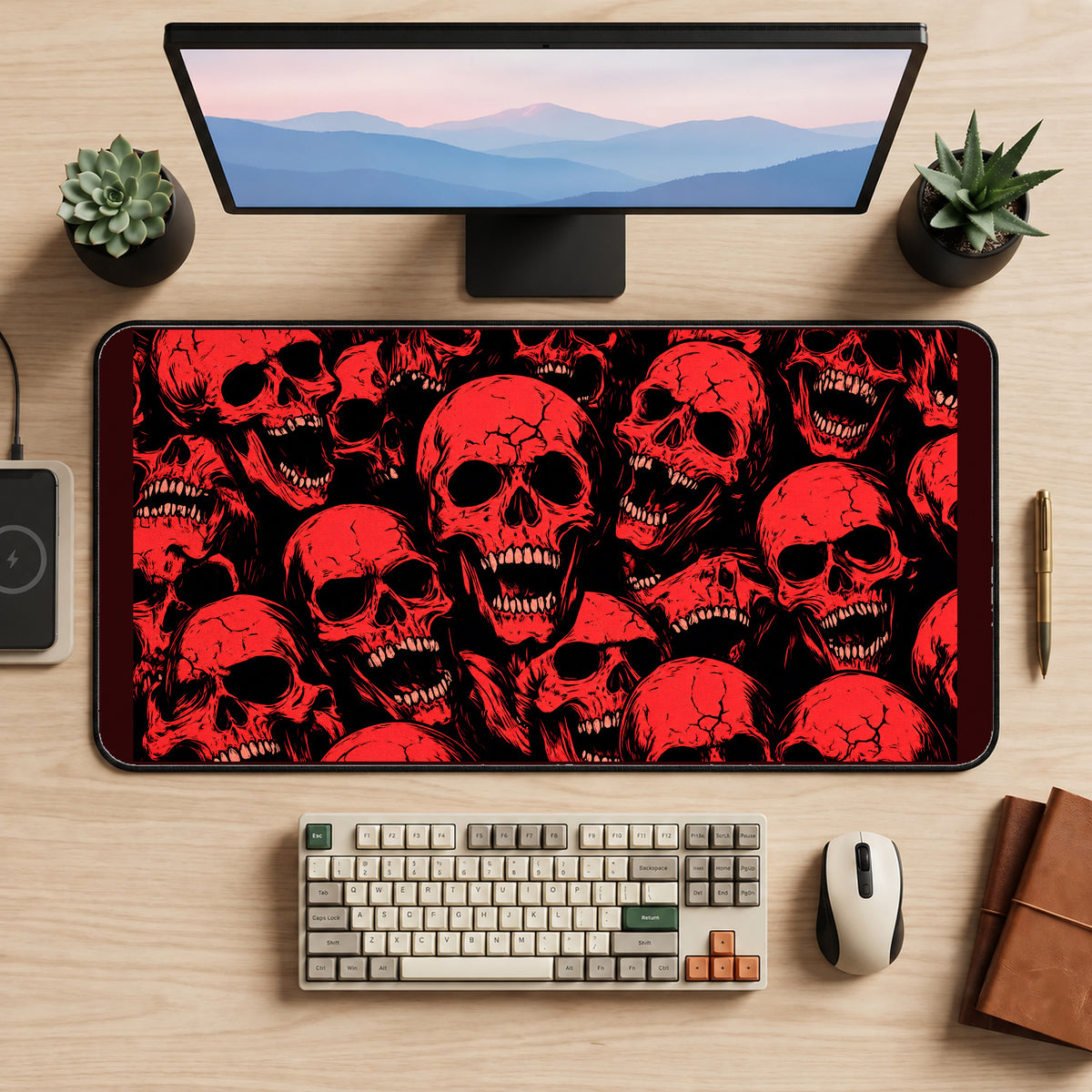 Red Skulls on Black desk mat — product mockup 2