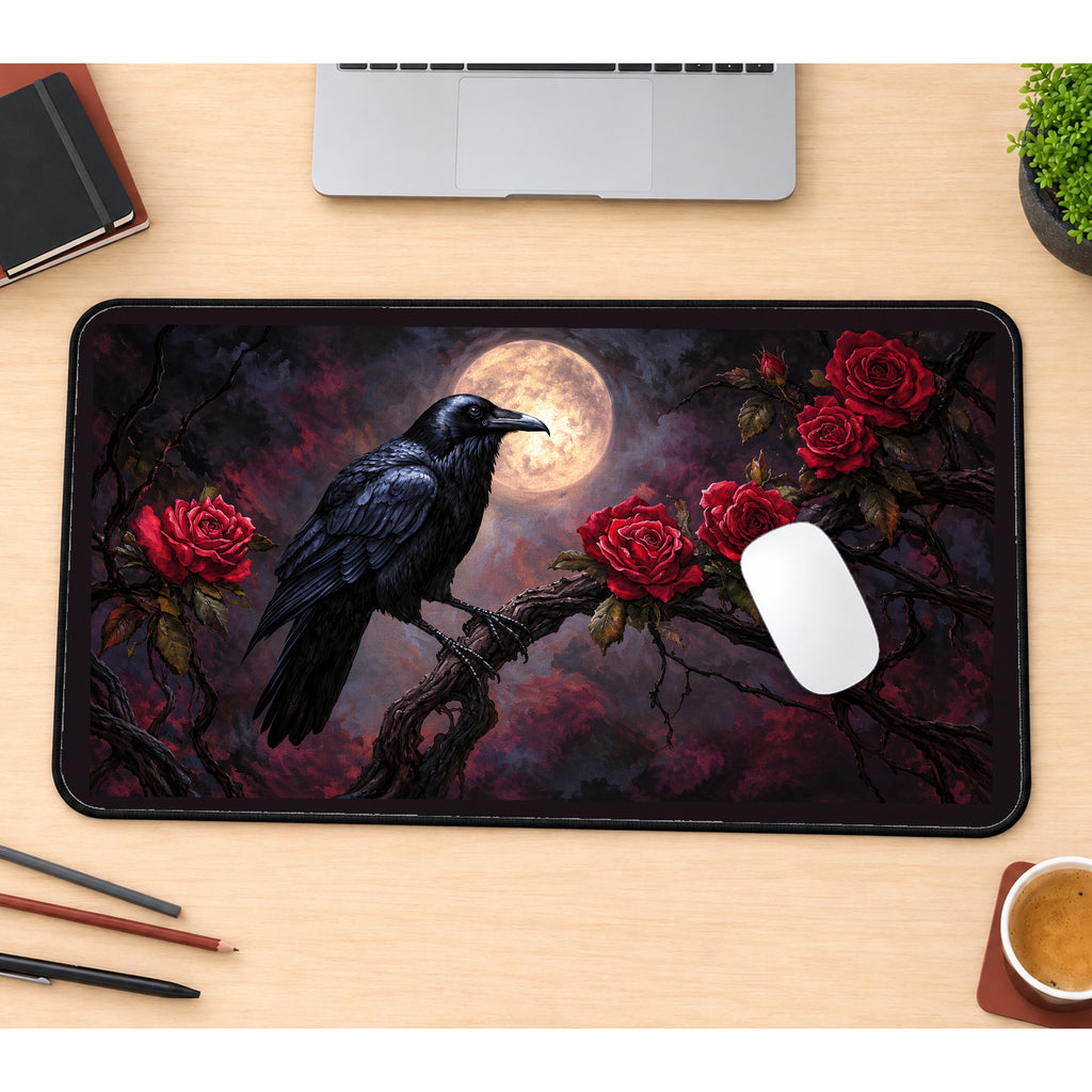 Raven with Moonlit Red Roses desk mat — product mockup 1