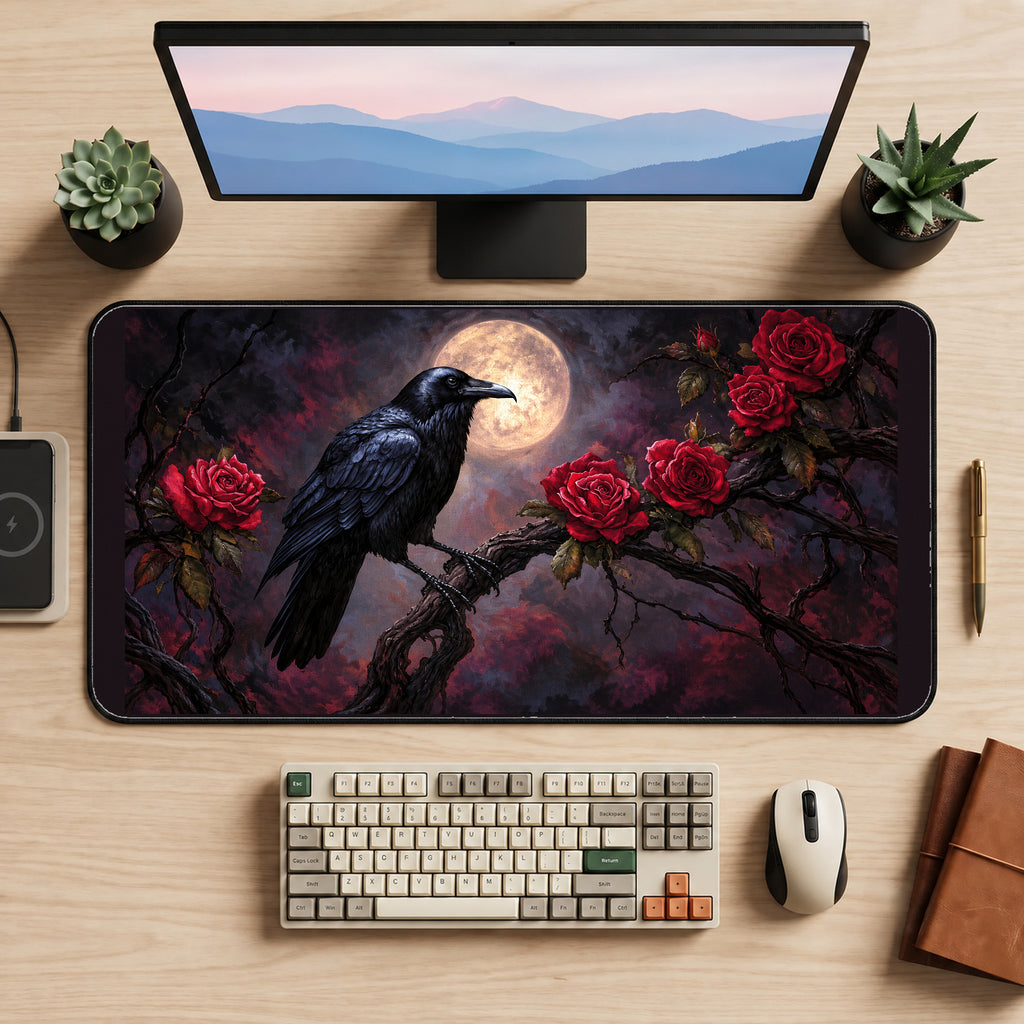 Raven with Moonlit Red Roses desk mat — product mockup 2