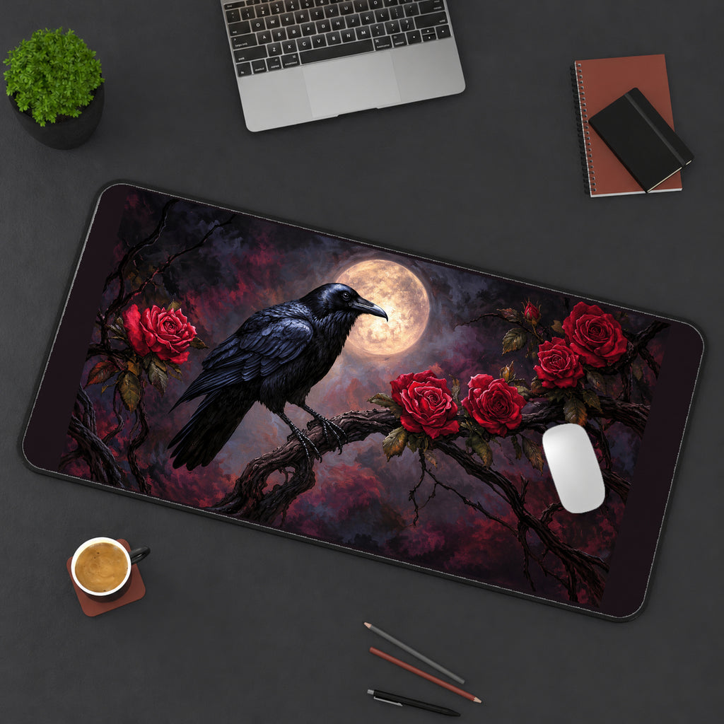 Raven with Moonlit Red Roses desk mat — product mockup 3