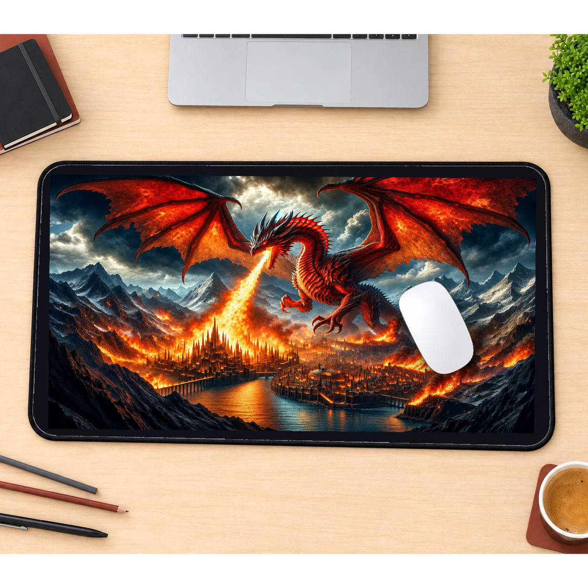 Fire Breathing Dragon over a City desk mat — product mockup 1