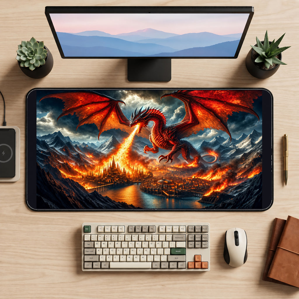 Fire Breathing Dragon over a City desk mat — product mockup 2