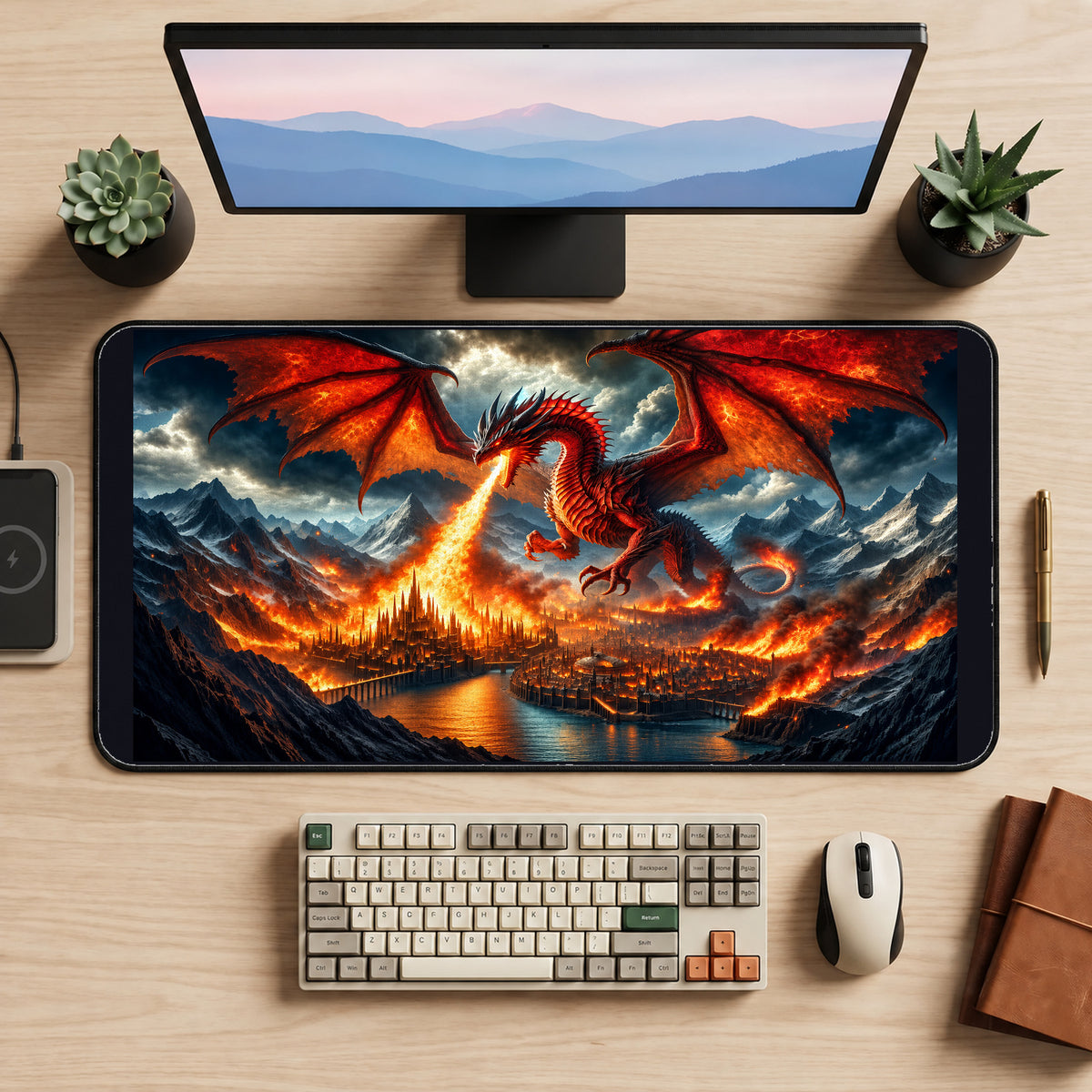 Fire Breathing Dragon over a City desk mat — product mockup 2