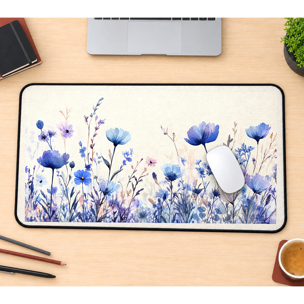 Blue and Lilac Meadow Flowers desk mat — product mockup 1