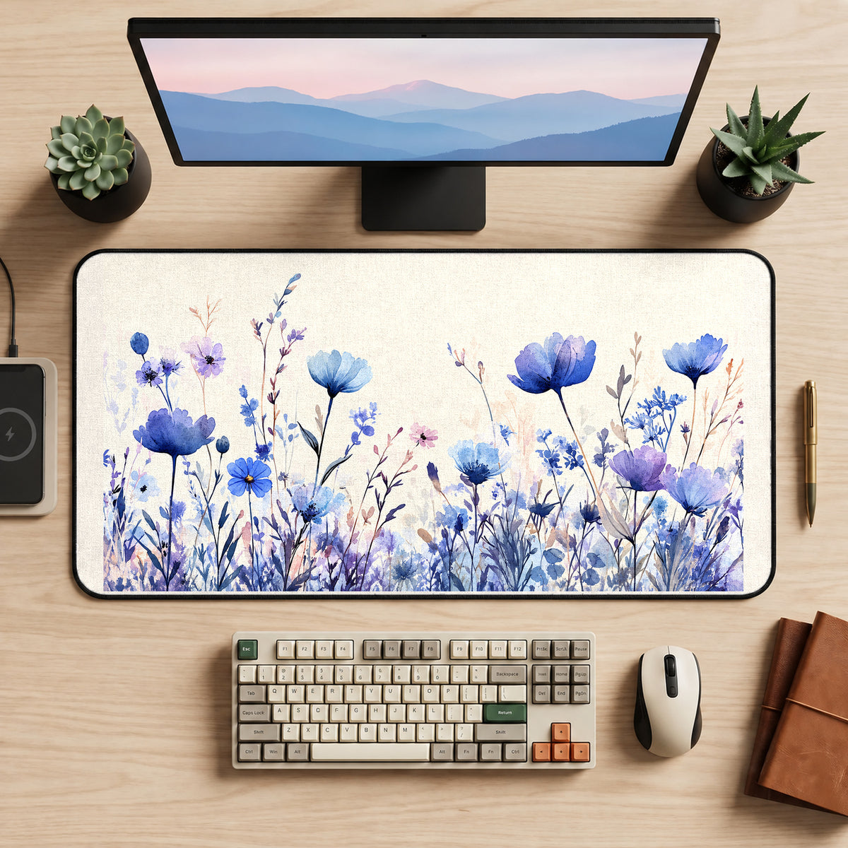 Blue and Lilac Meadow Flowers desk mat — product mockup 2