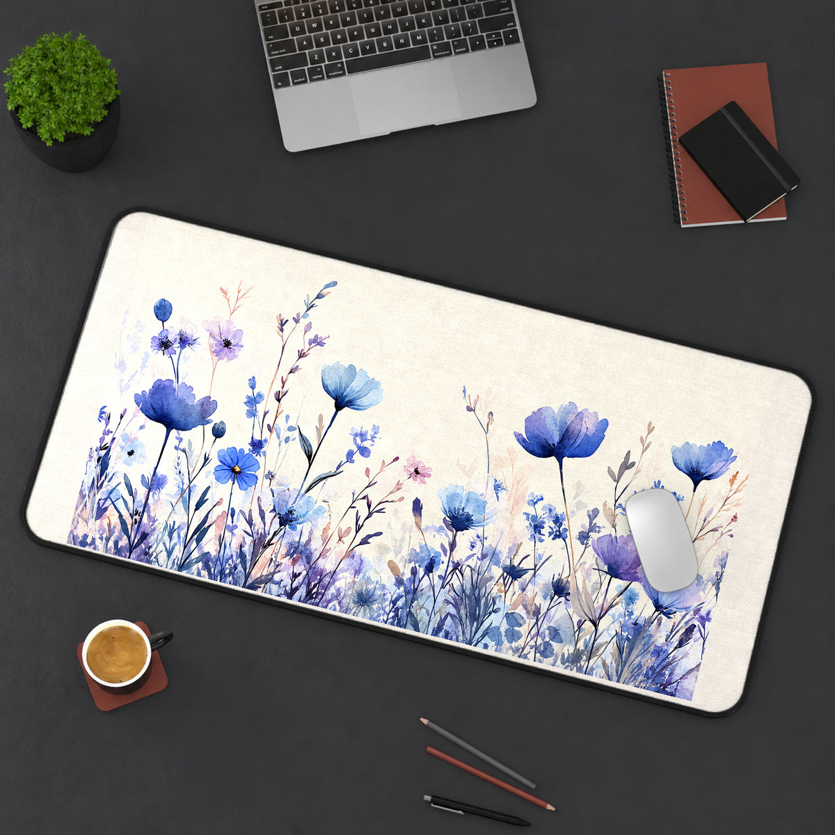 Blue and Lilac Meadow Flowers desk mat — product mockup 3