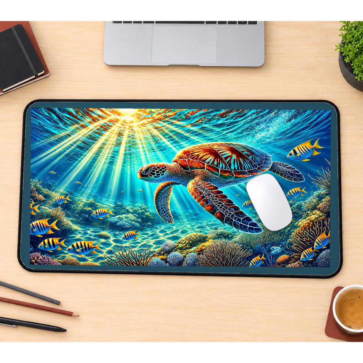 Sea Turtle in Sunlit Coral desk mat — product mockup 1