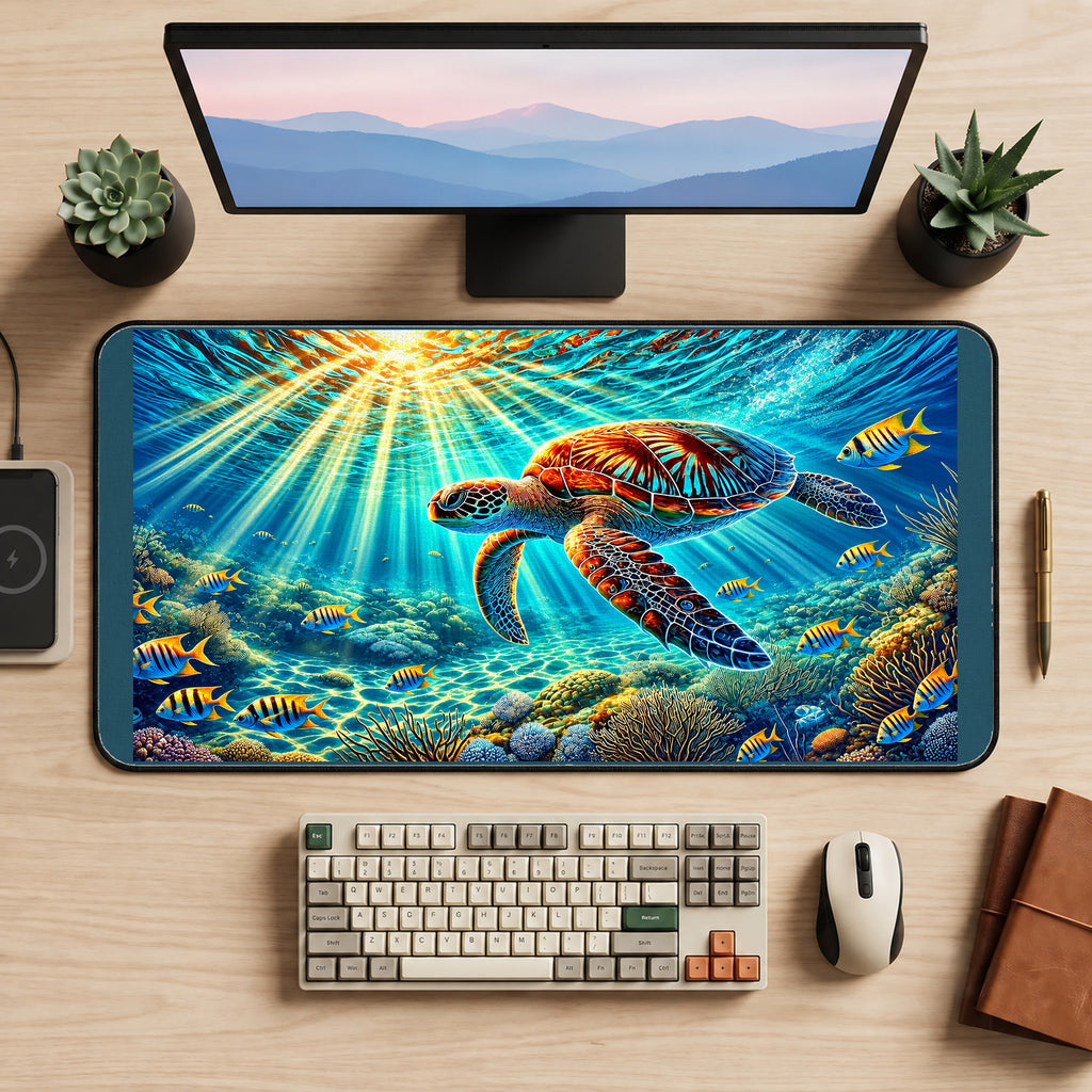 Sea Turtle in Sunlit Coral desk mat — product mockup 2