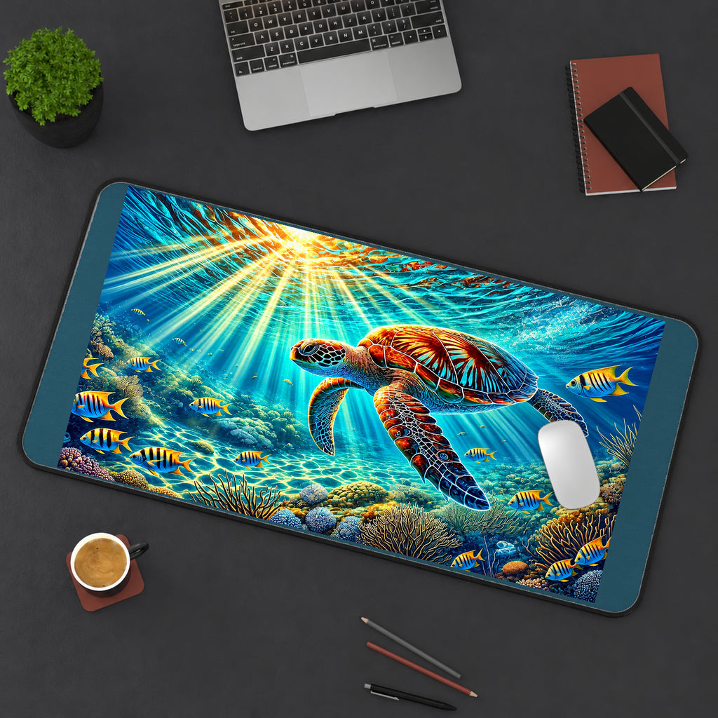 Sea Turtle in Sunlit Coral desk mat — product mockup 3