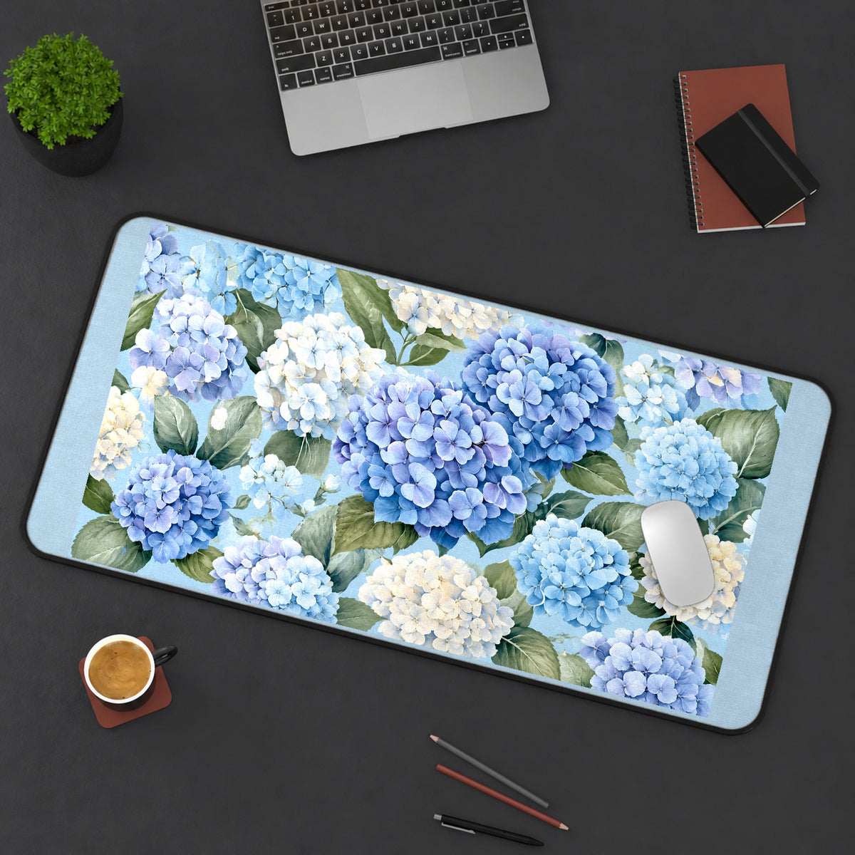 Blue and White Hydrangea Clusters desk mat — product mockup 3
