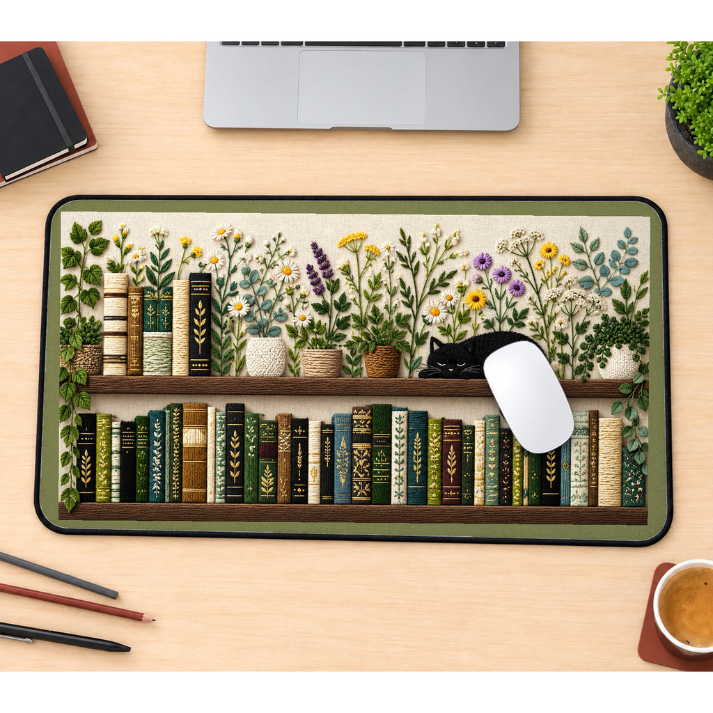 Bookshelf with Flowers and a Cat desk mat — product mockup 1