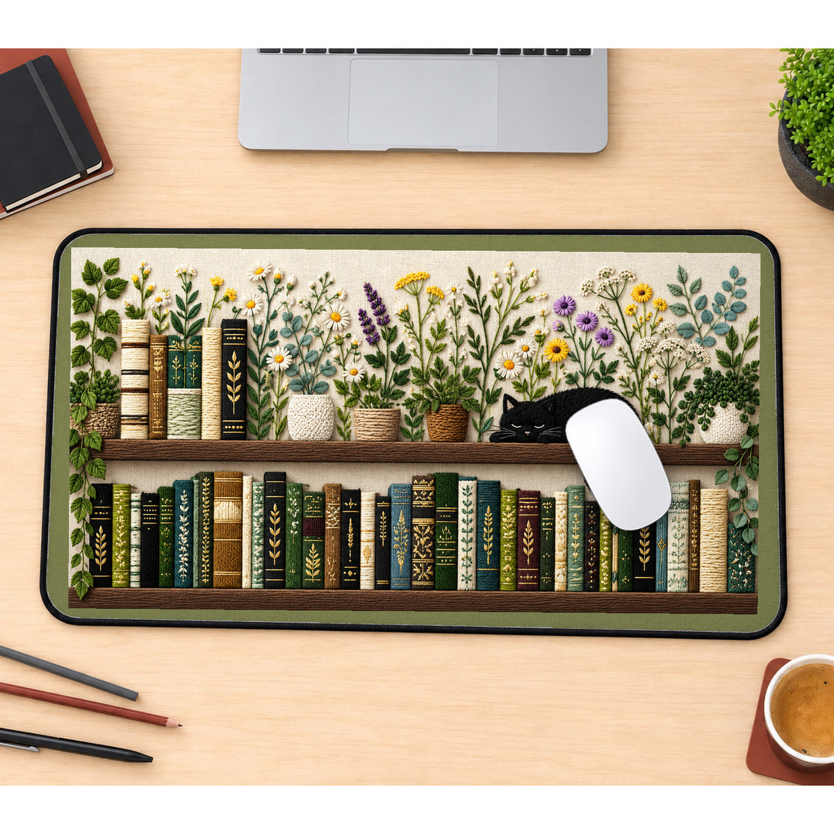 Bookshelf with Flowers and a Cat desk mat — product mockup 1