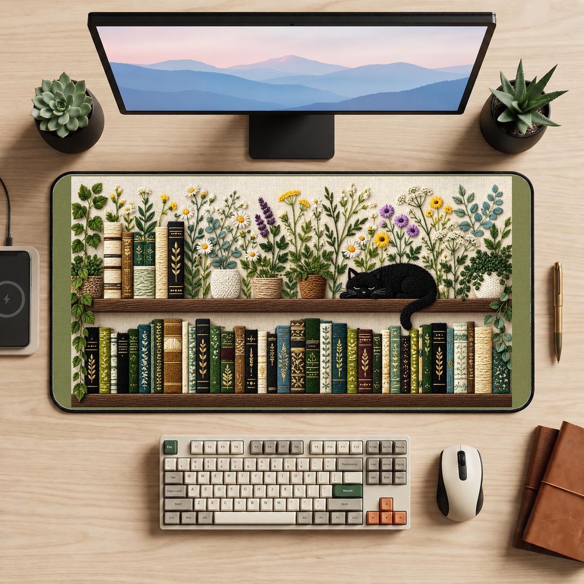 Bookshelf with Flowers and a Cat desk mat — product mockup 2