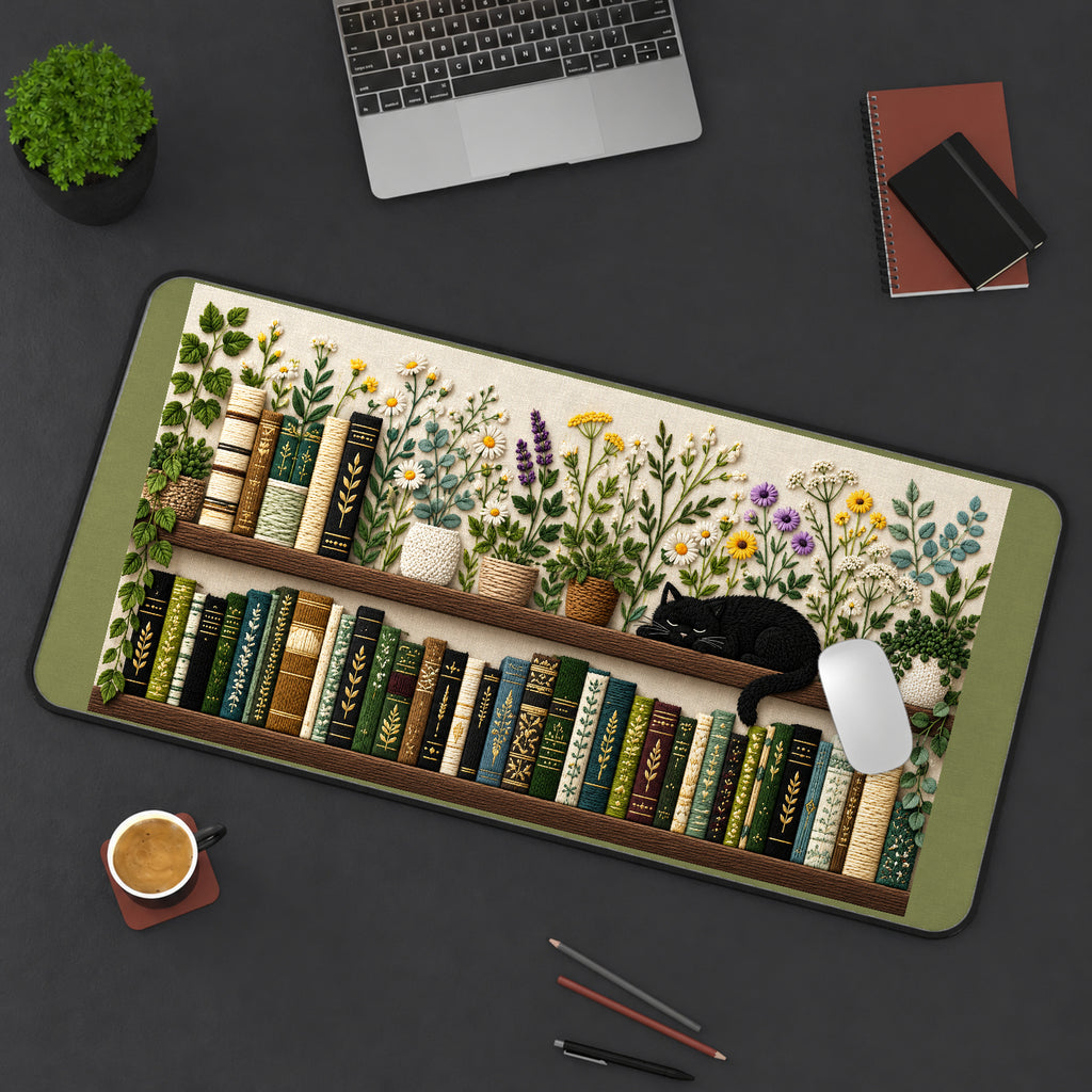 Bookshelf with Flowers and a Cat desk mat — product mockup 3