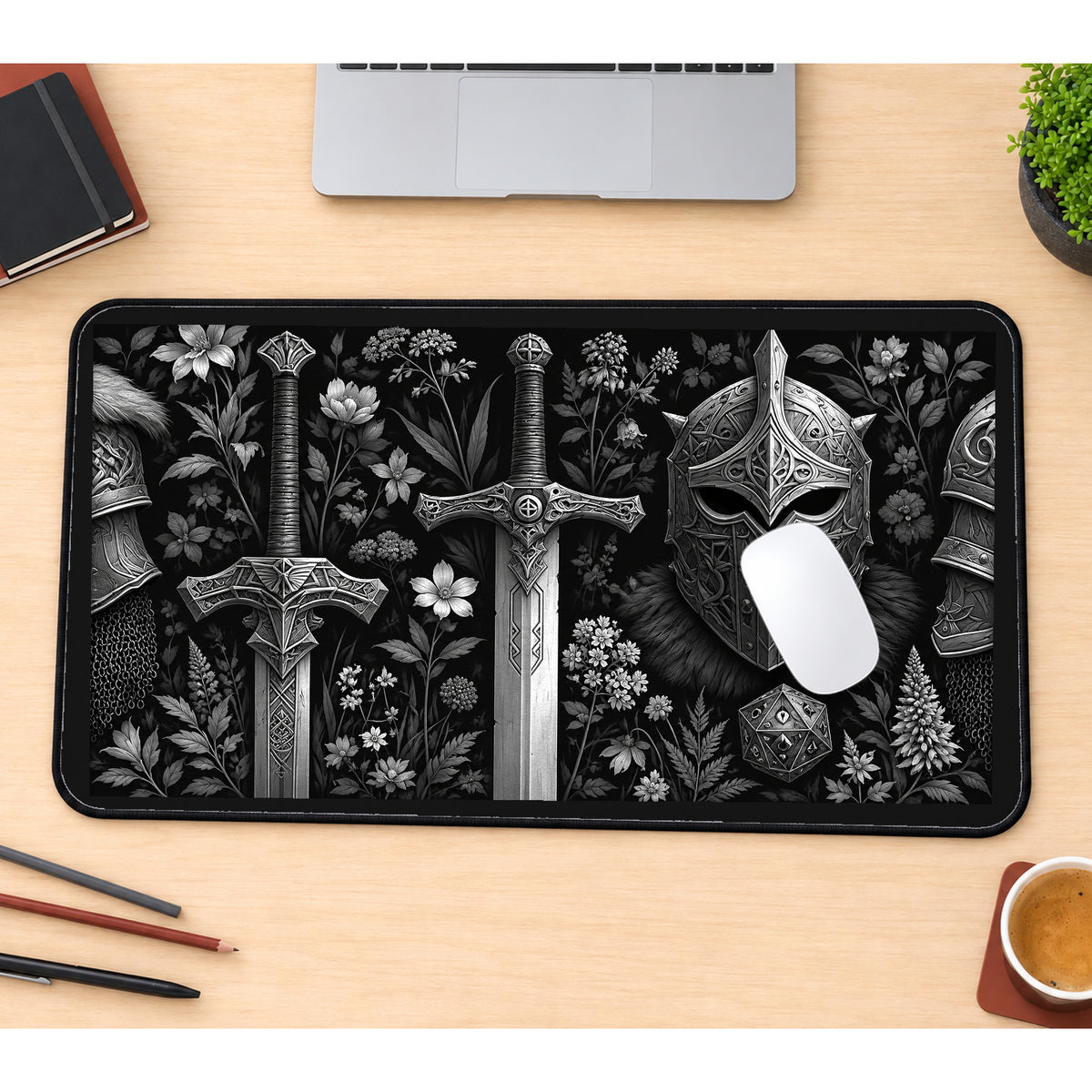 Ornate Swords and Armored Helm desk mat — product mockup 1