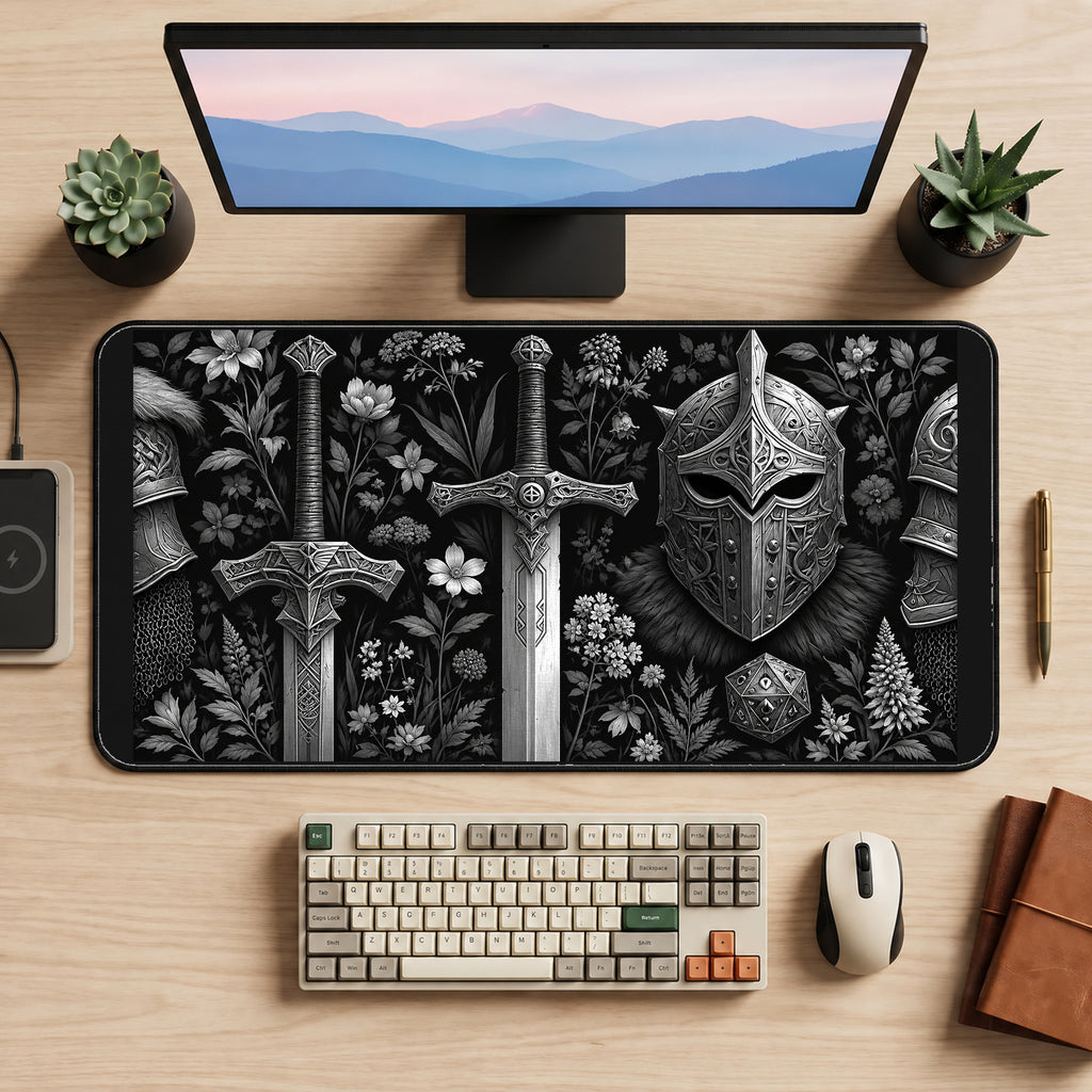Ornate Swords and Armored Helm desk mat — product mockup 2