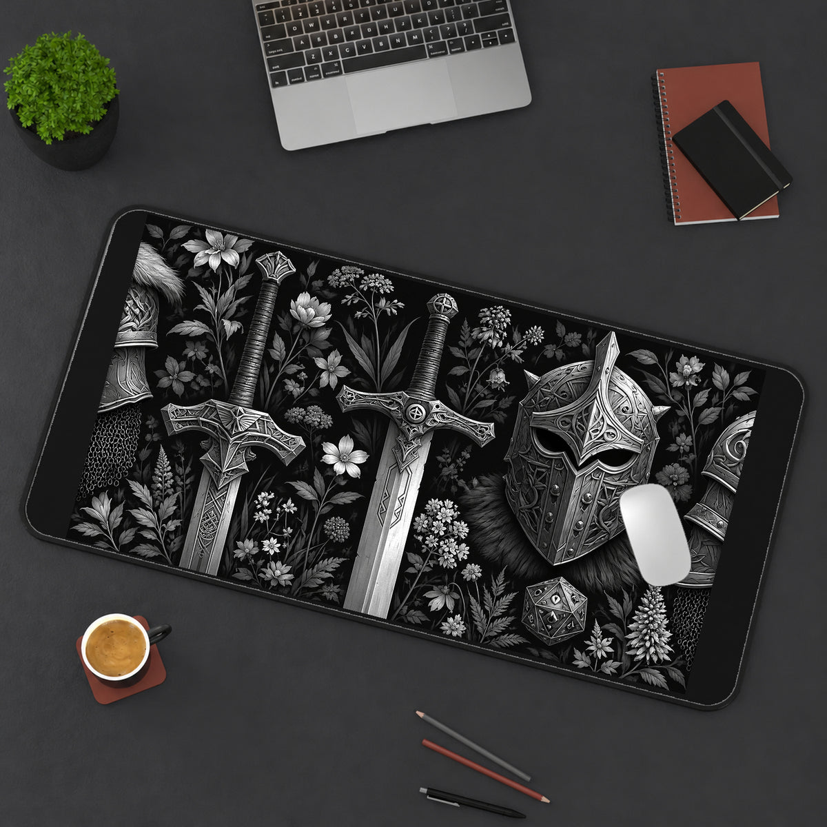 Ornate Swords and Armored Helm desk mat — product mockup 3