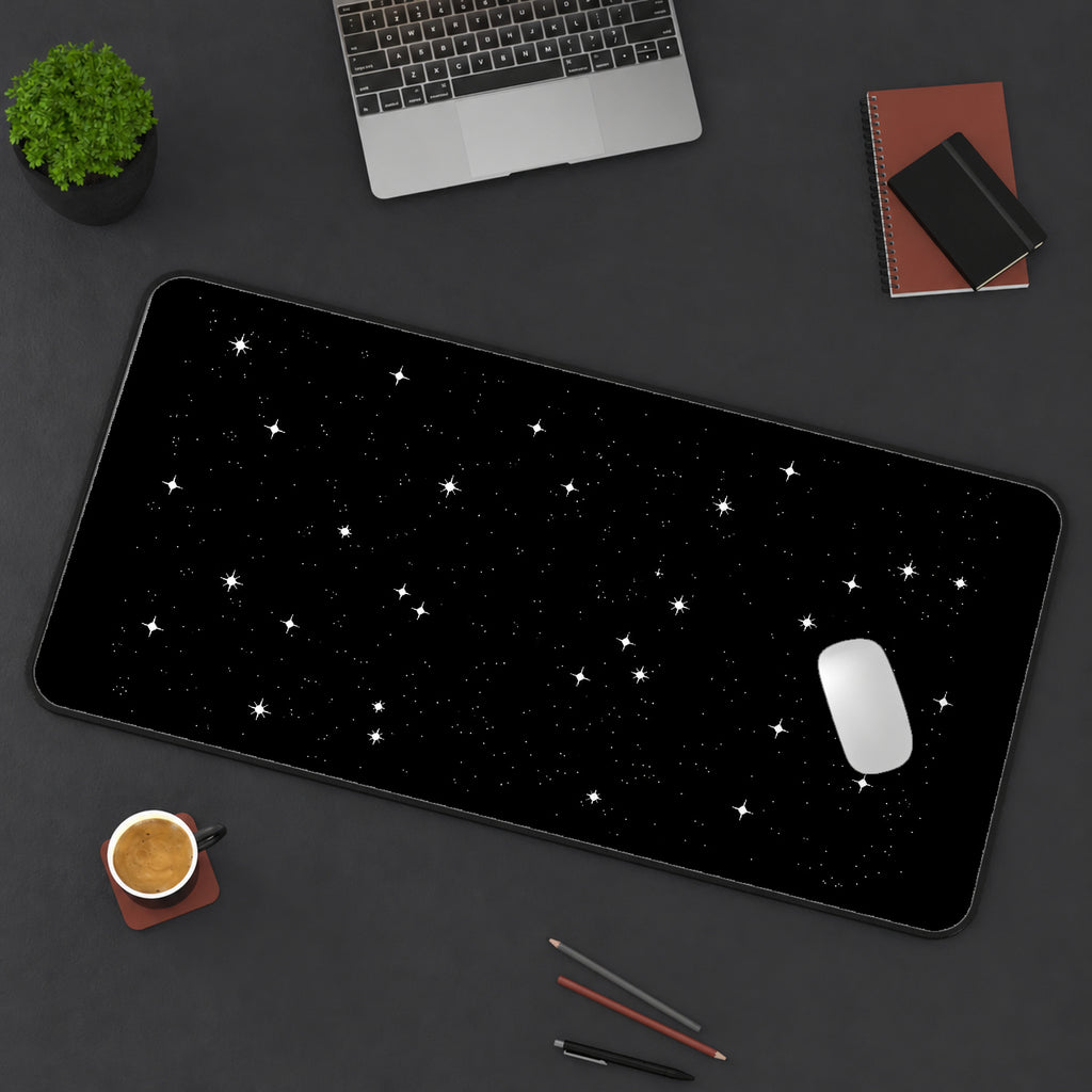 White Pixel Stars on Black desk mat — product mockup 3