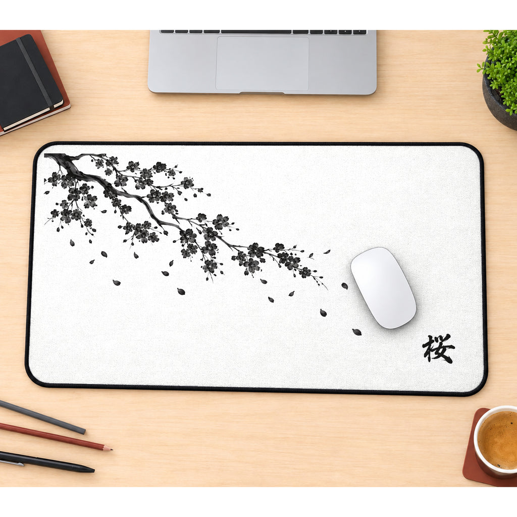 Black Sakura Branch on White desk mat — product mockup 1