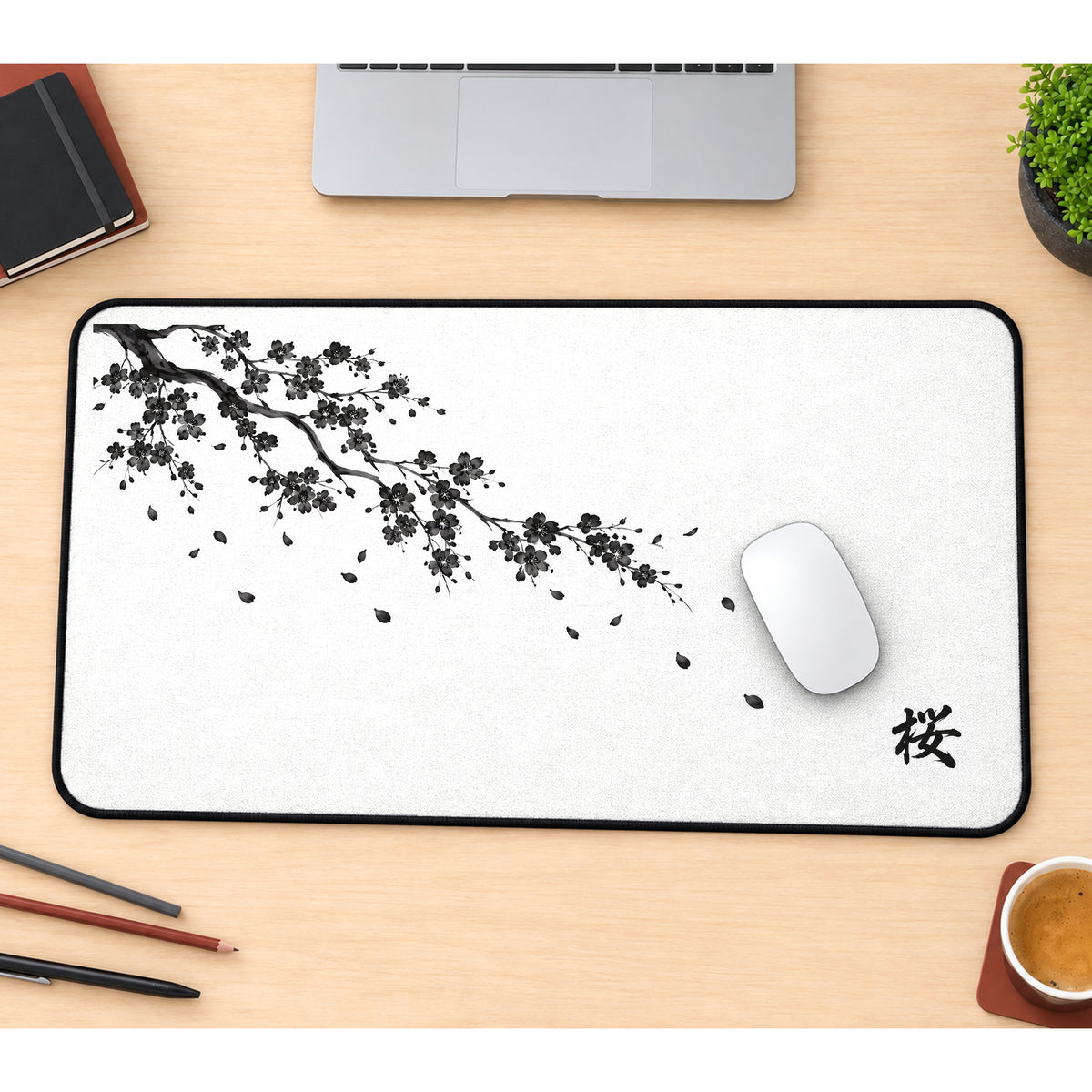 Black Sakura Branch on White desk mat — product mockup 1
