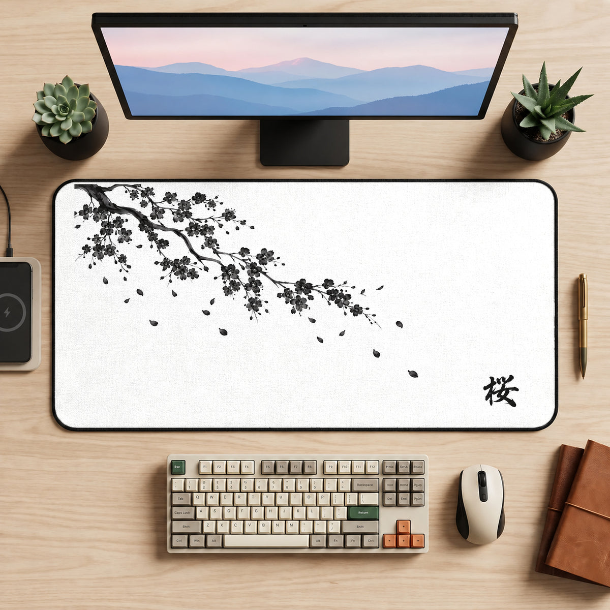 Black Sakura Branch on White desk mat — product mockup 2
