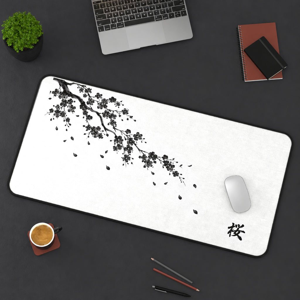 Black Sakura Branch on White desk mat — product mockup 3
