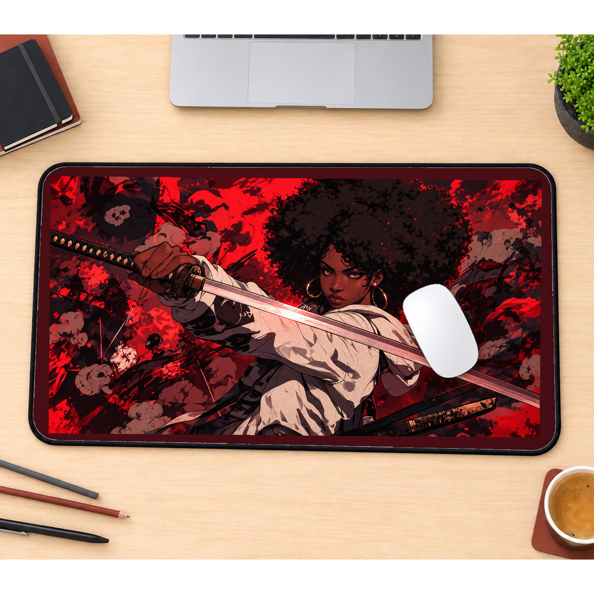 Samurai Woman with an Afro desk mat — product mockup 1