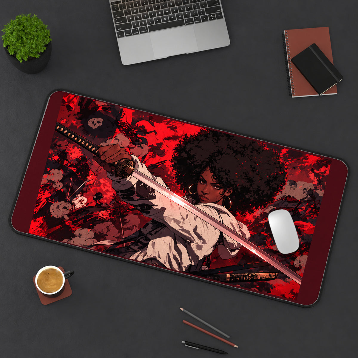 Samurai Woman with an Afro desk mat — product mockup 3
