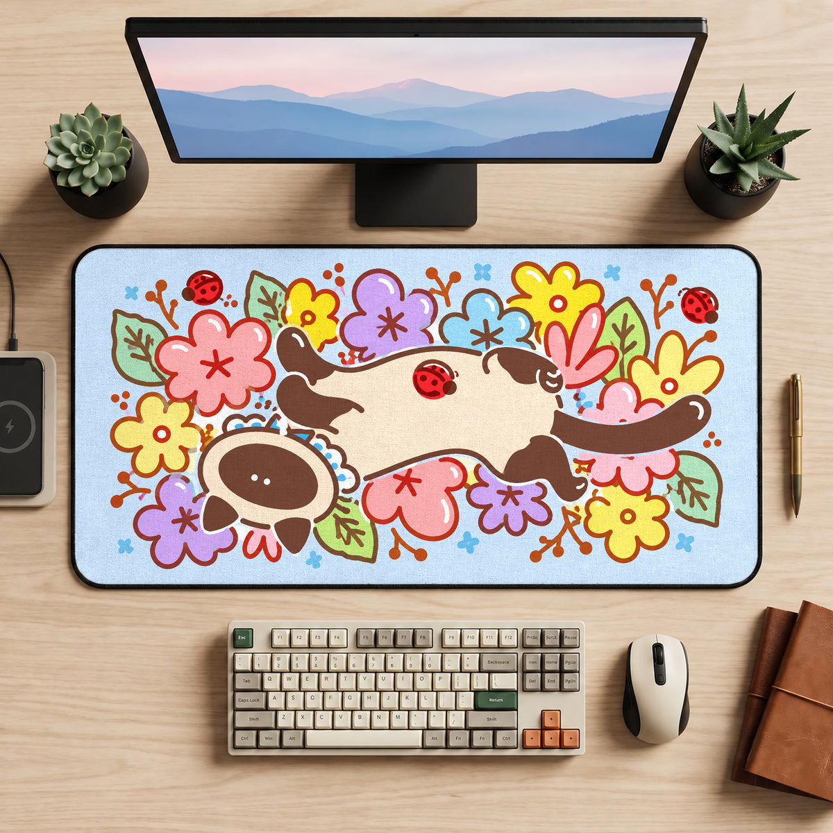 Siamese Cat among Spring Doodles desk mat — product mockup 2