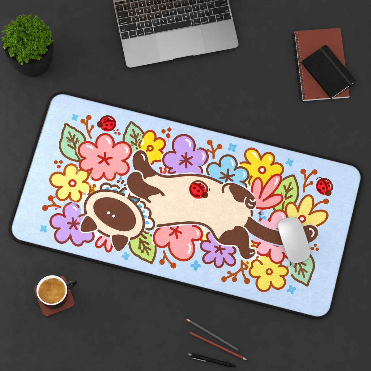 Siamese Cat among Spring Doodles desk mat — product mockup 3