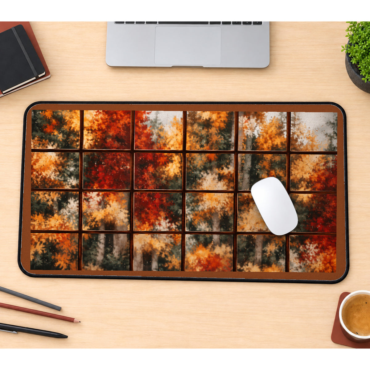 Autumn Trees through Windowpanes desk mat — product mockup 1