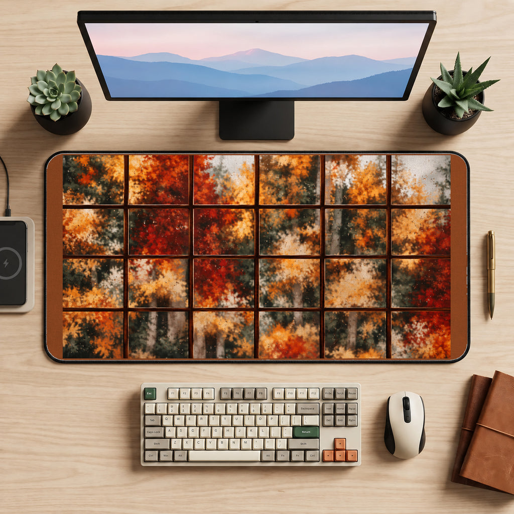 Autumn Trees through Windowpanes desk mat — product mockup 2