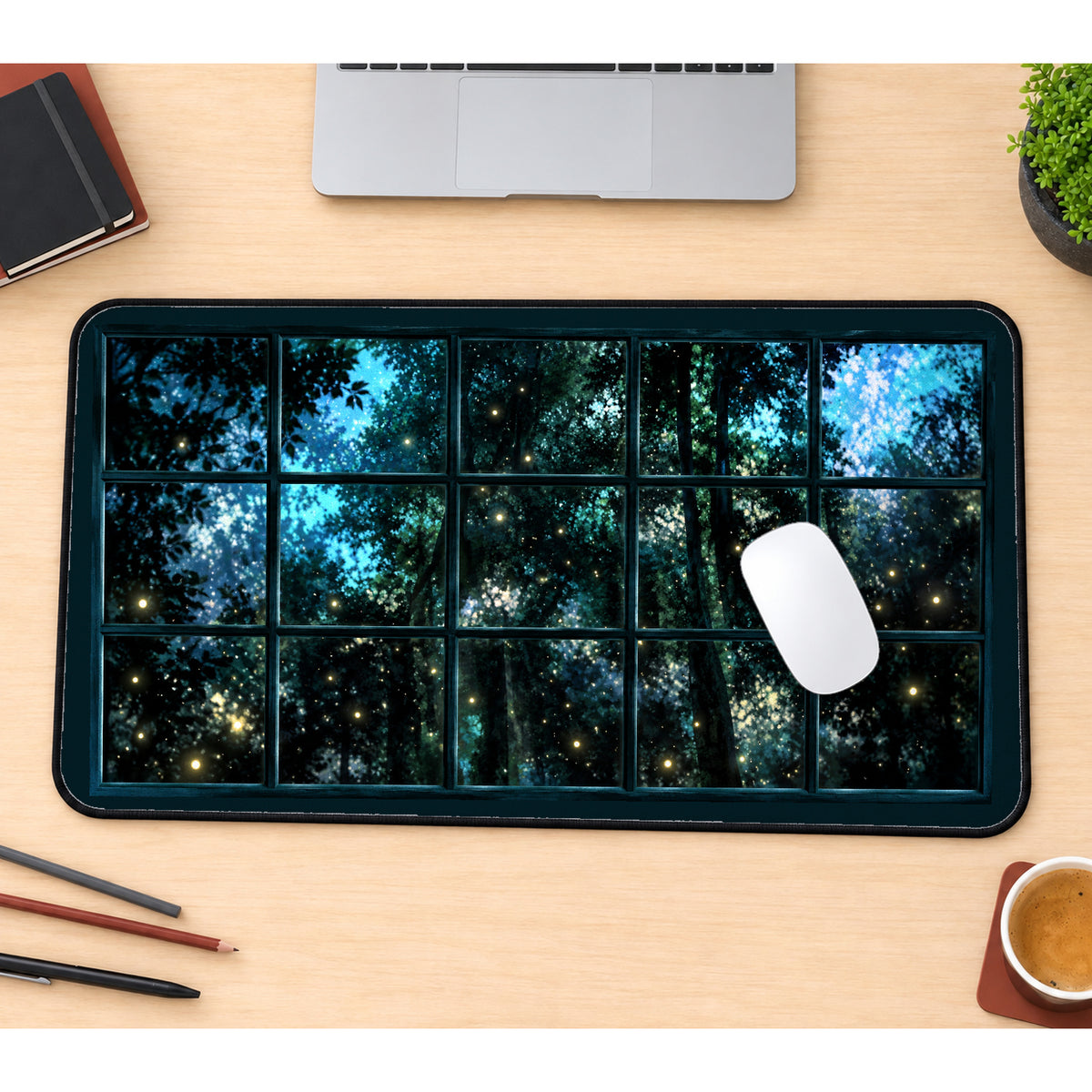 Fireflies beyond a Night Window desk mat — product mockup 1