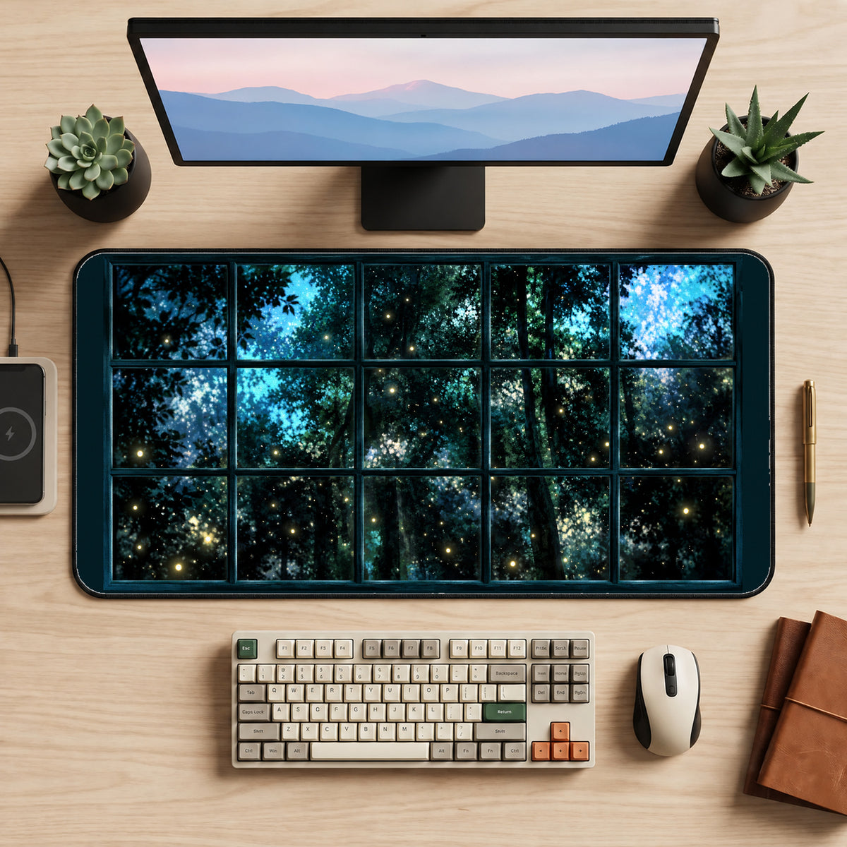 Fireflies beyond a Night Window desk mat — product mockup 2